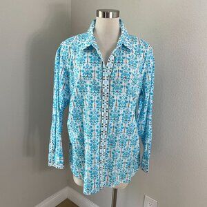 Talbots Womens Plus 1X Blue White Floral Modern Classic Shirt Damask Bouquet Top